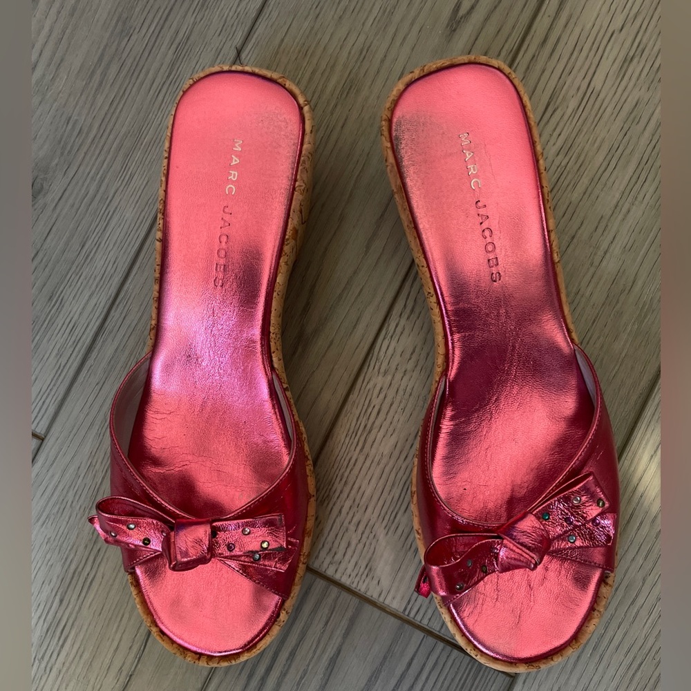 Marc Jacobs Jeweled Pink Lame’ Metallic Leather and Cork Sandals Slides US 8